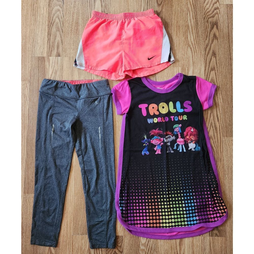 Girls Clothing Lot 3pc Size 6(x) Danskin Leggings, Nike Shorts, Trolls Nightgown